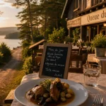 Terrasse auberge de la queue du lac moux en morvan, cuisine traditionnelle, ardoise du menu