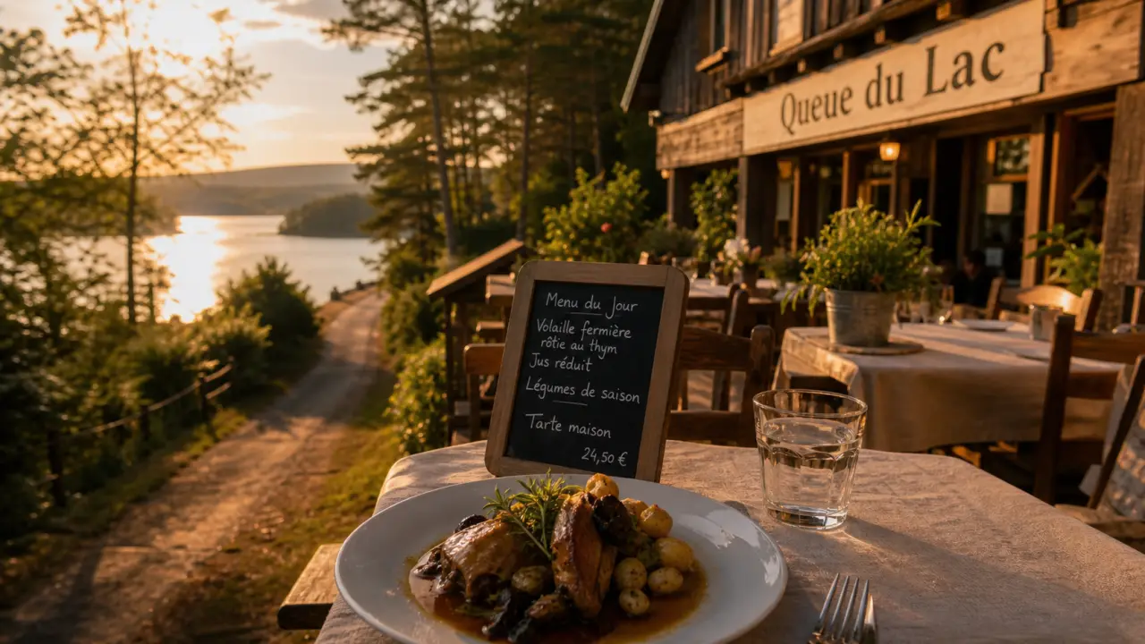 Terrasse auberge de la queue du lac moux en morvan, cuisine traditionnelle, ardoise du menu