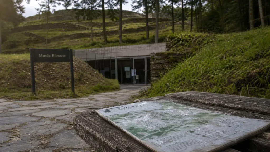 Photo de Bibracte : musée et chemin au pied du mont Beuvray sous forêt