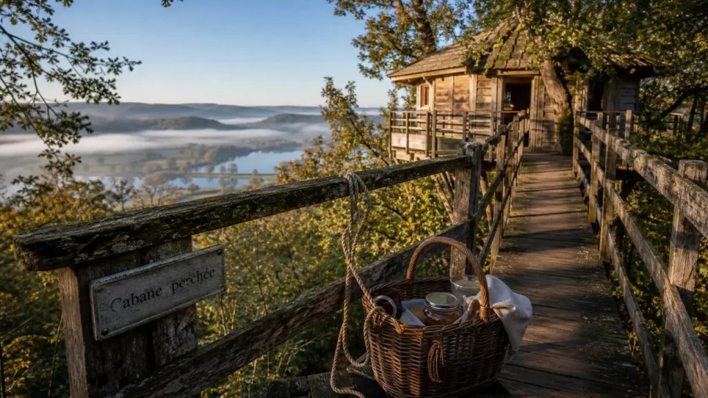 Cabane arbre bourgogne au Morvan, cabane perchée et passerelle en bois