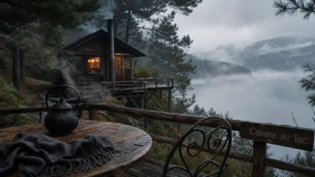 Cabane dans le Morvan au lac, brume du matin