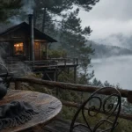 Cabane dans le Morvan au lac, brume du matin