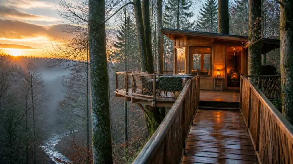 Cabane dans les arbres Morvan au golden hour, passerelle en bois