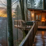 Cabane dans les arbres Morvan au golden hour, passerelle en bois