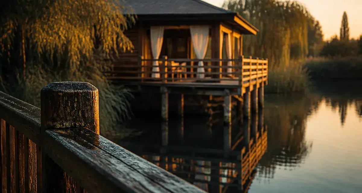 Cabane eau en Bourgogne sur pilotis, ponton en bois et étang calme