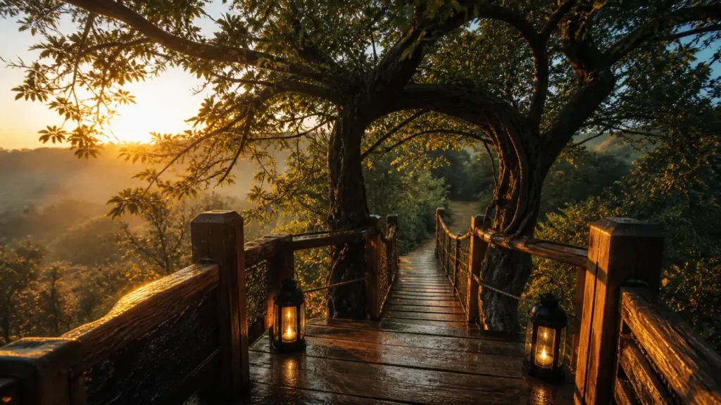 Cabane saone et loire : cabane perchée dans les arbres, passerelle en bois au golden hour