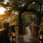 Cabane saone et loire : cabane perchée dans les arbres, passerelle en bois au golden hour