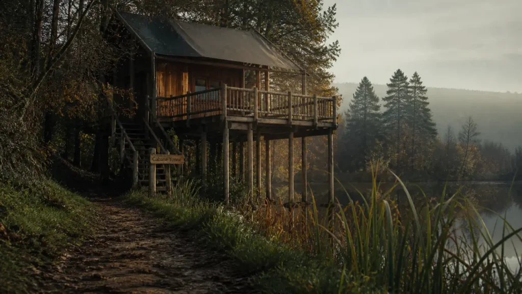 Cabane yonne en bois au bord d’un étang calme, brume et automne