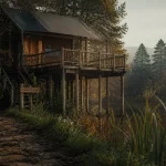 Cabane yonne en bois au bord d’un étang calme, brume et automne