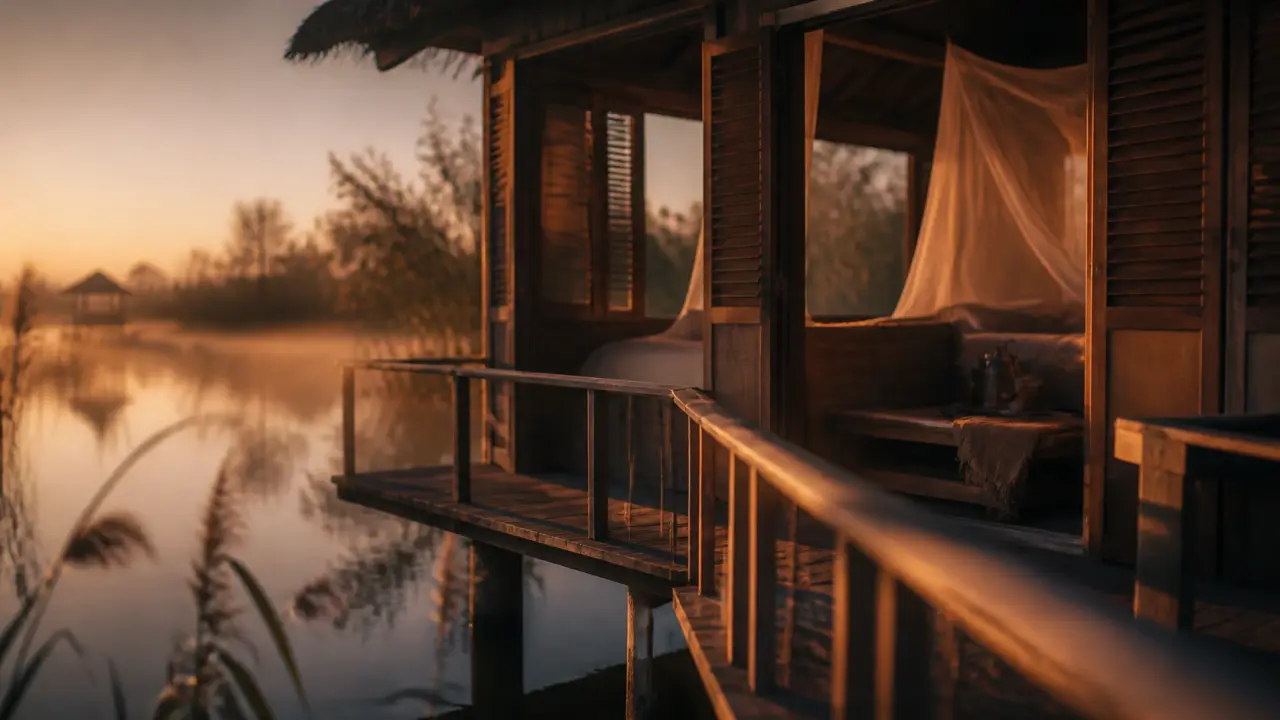 Cabanes sur pilotis au bord d’un étang, golden hour
