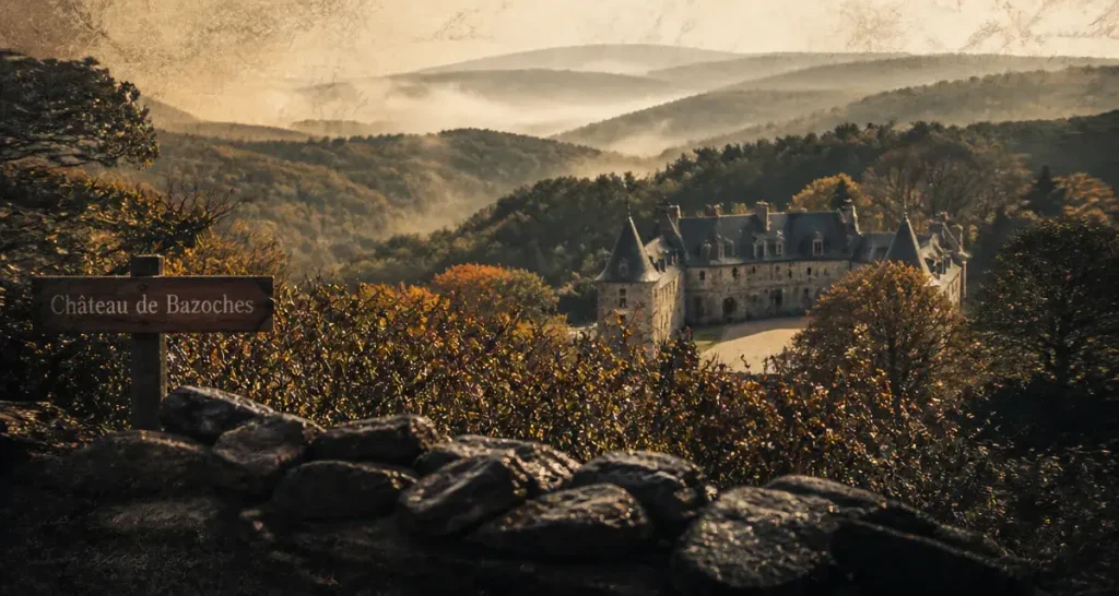 Chateau a visiter dans le Morvan : Château de Bazoches, cour et tourelles au bord des arbres