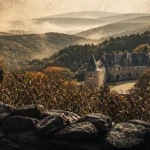 Chateau a visiter dans le Morvan : Château de Bazoches, cour et tourelles au bord des arbres