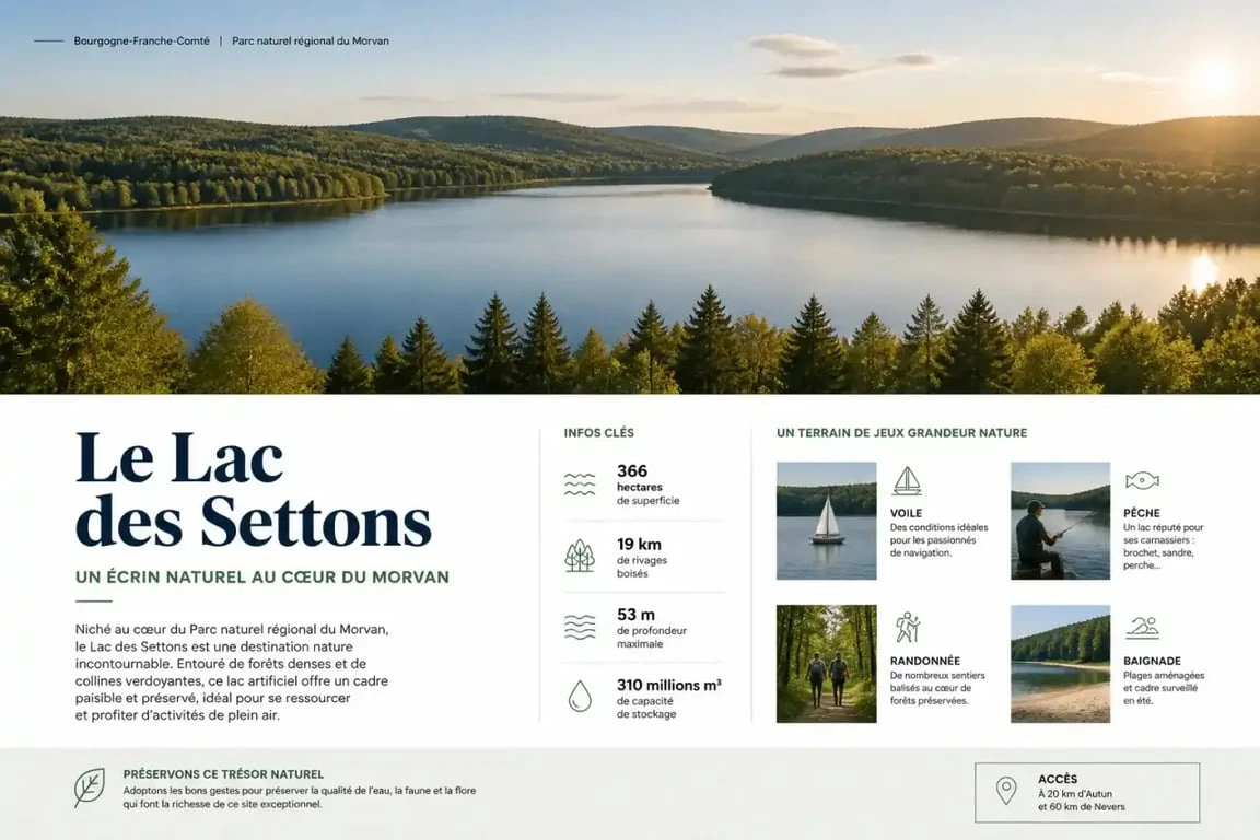Vue panoramique du Lac des Settons, destination idéale pour les activités de plein air dans le Morvan