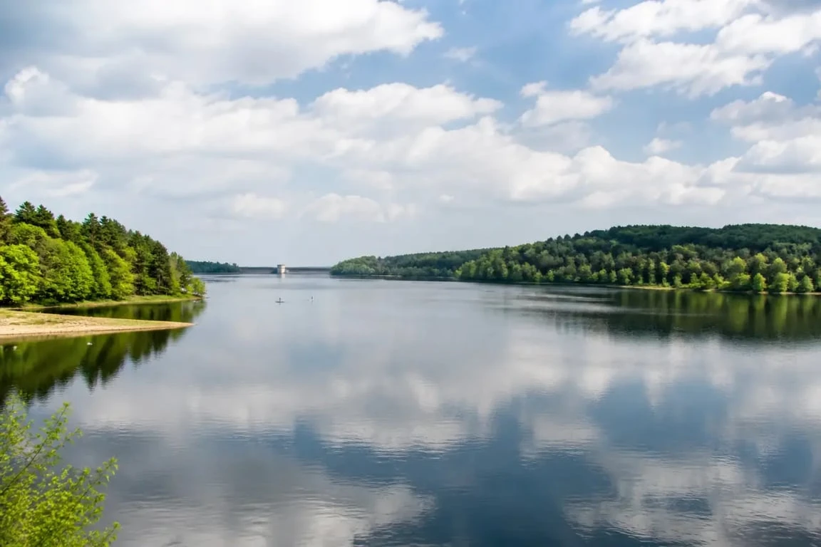 Lac de setton morvan, vue panoramique du lac des Settons avec rives boisées et barrage
