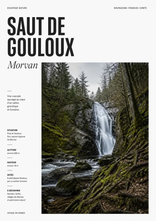 Saut de Gouloux, cascade du Morvan encaissée entre rochers de granit et forêt