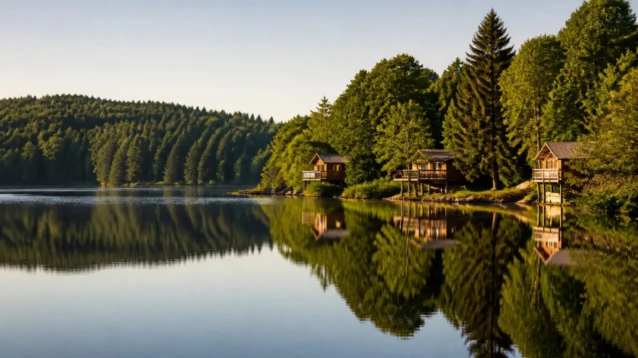 Vacances morvan lac settons : vue panoramique du Lac des Settons avec chalets au bord de l’eau