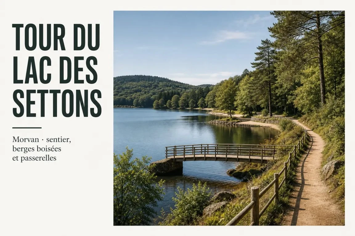 Tour du lac des settons au bord du lac des Settons dans le Morvan, avec sentier, berges boisées et passerelle