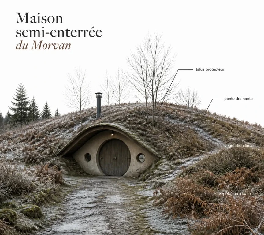 Maison hobbit Morvan vue de l'extérieur avec intégration discrète au terrain