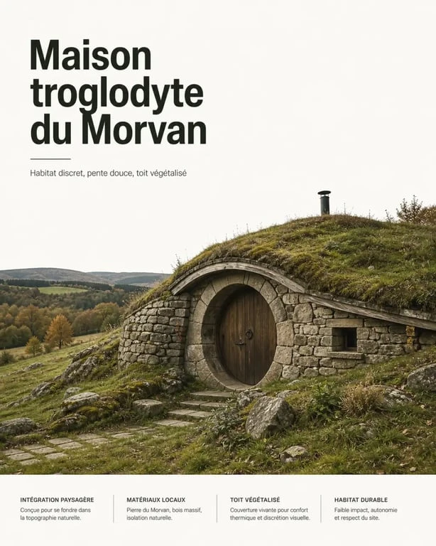Maison hobbit Morvan intégrée dans une pente boisée avec toit végétalisé