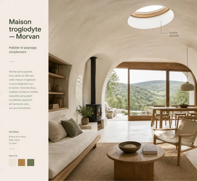 Intérieur de maison hobbit Morvan lumineux et chaleureux avec vue sur le paysage