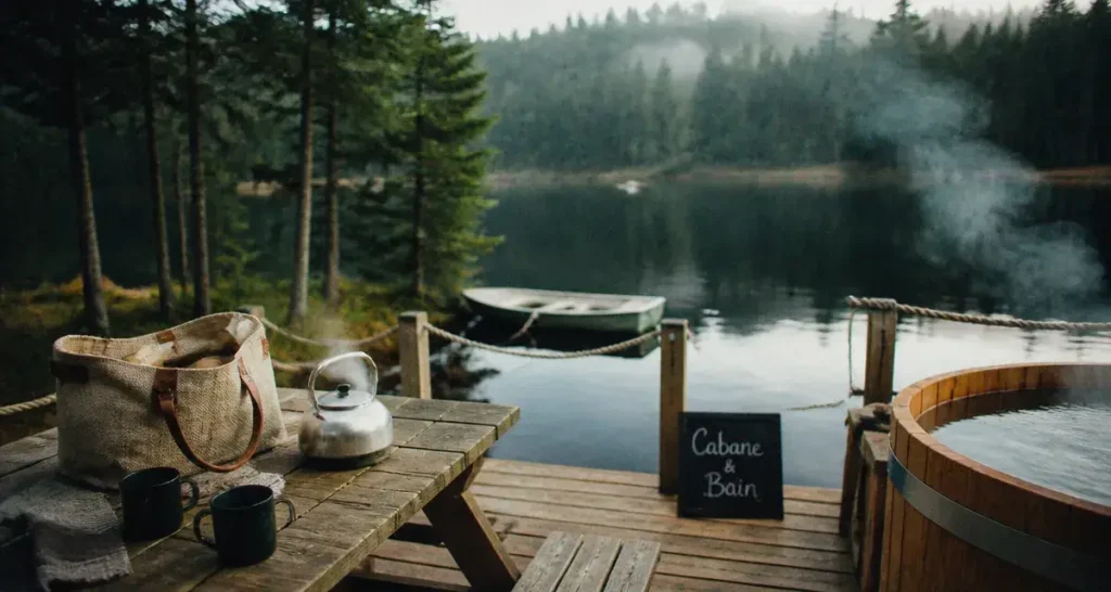 Hébergement insolite lac des Settons : terrasse bois et bain nordique au bord du lac