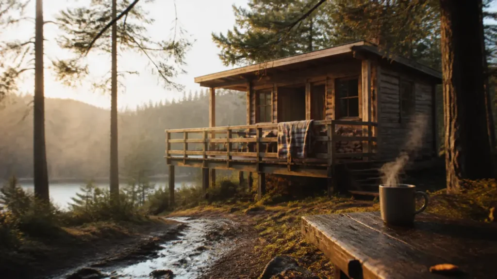 Hotel insolite bourgogne : cabane en bois sur pilotis au bord d’un lac, brume matinale