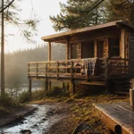 Hotel insolite bourgogne : cabane en bois sur pilotis au bord d’un lac, brume matinale