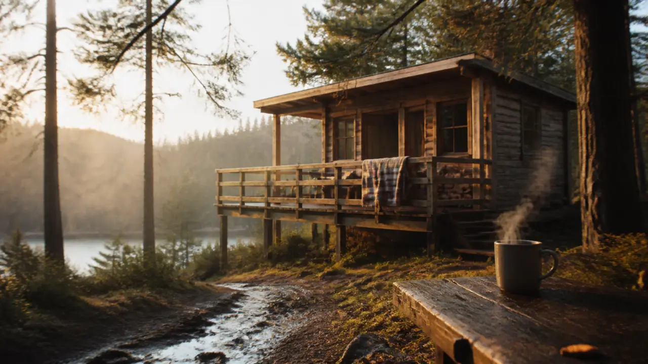 Hotel insolite bourgogne : cabane en bois sur pilotis au bord d’un lac, brume matinale