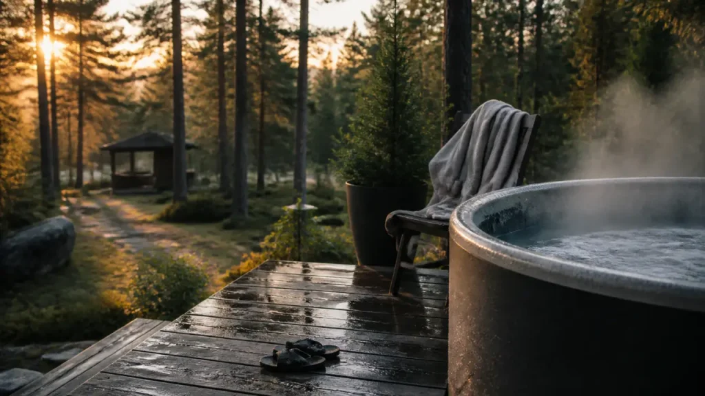 Hotel spa insolite : bain nordique privatif fumant au vert