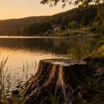 Lac de Pannecière au coucher du soleil, reflets sur l’eau et berge herbeuse du Morvan
