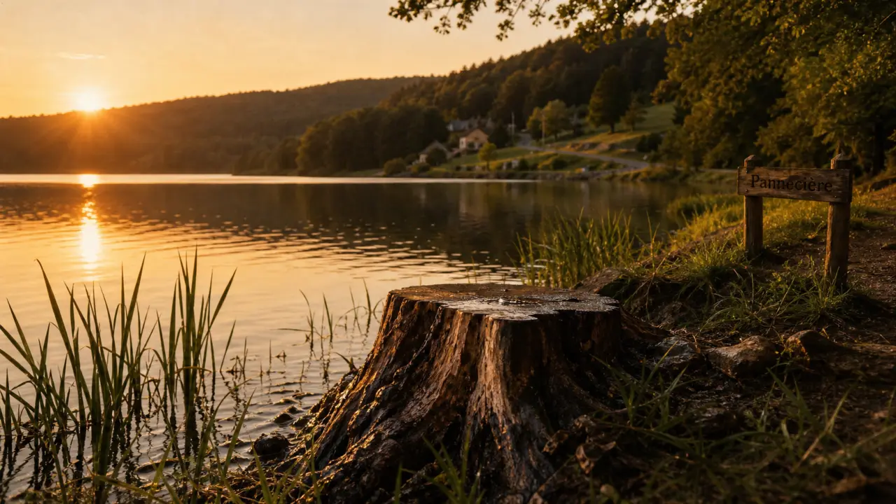 Lac de Pannecière au coucher du soleil, reflets sur l’eau et berge herbeuse du Morvan