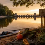 Lac de setton morvan : bord du lac au golden hour, barrage historique, baignade surveillée