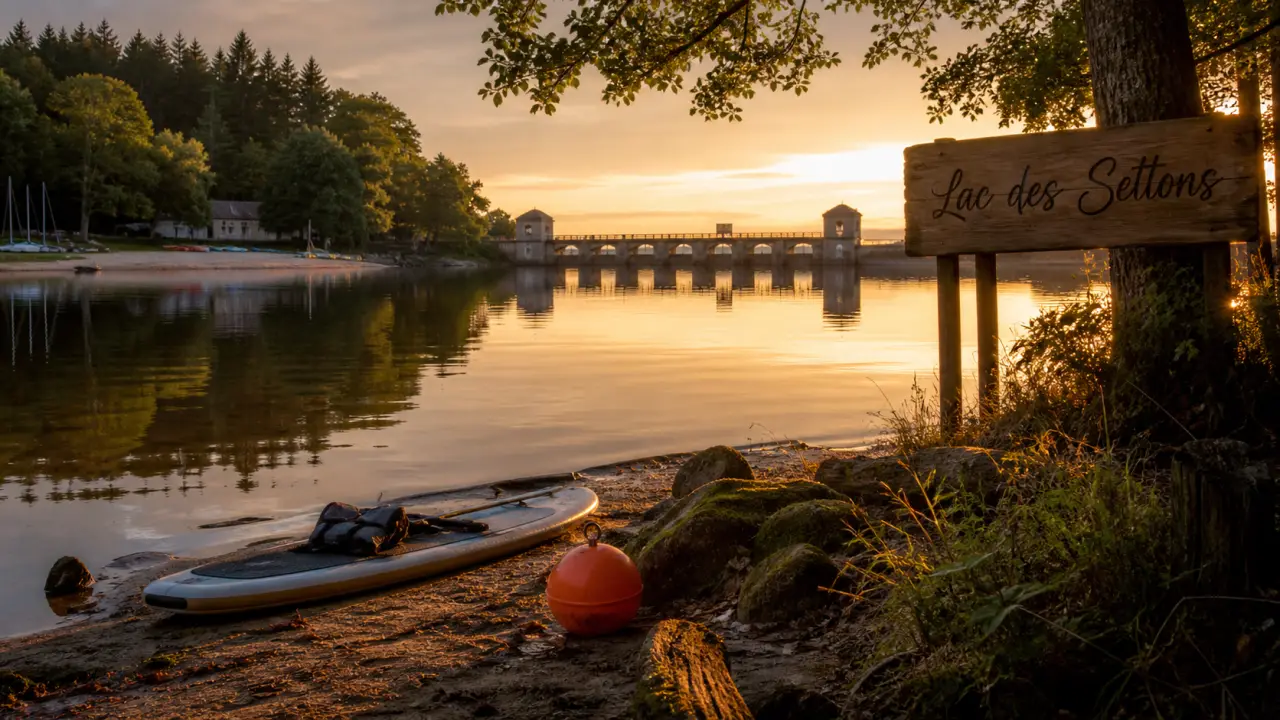 Lac de setton morvan : bord du lac au golden hour, barrage historique, baignade surveillée