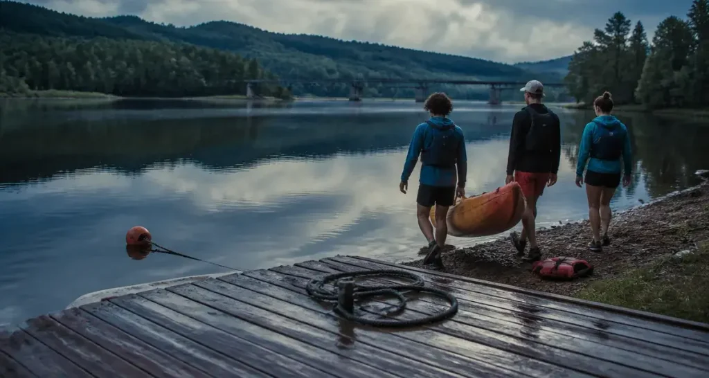 Lac des settons activités : kayak, gilet et marche vers l’eau sur la rive