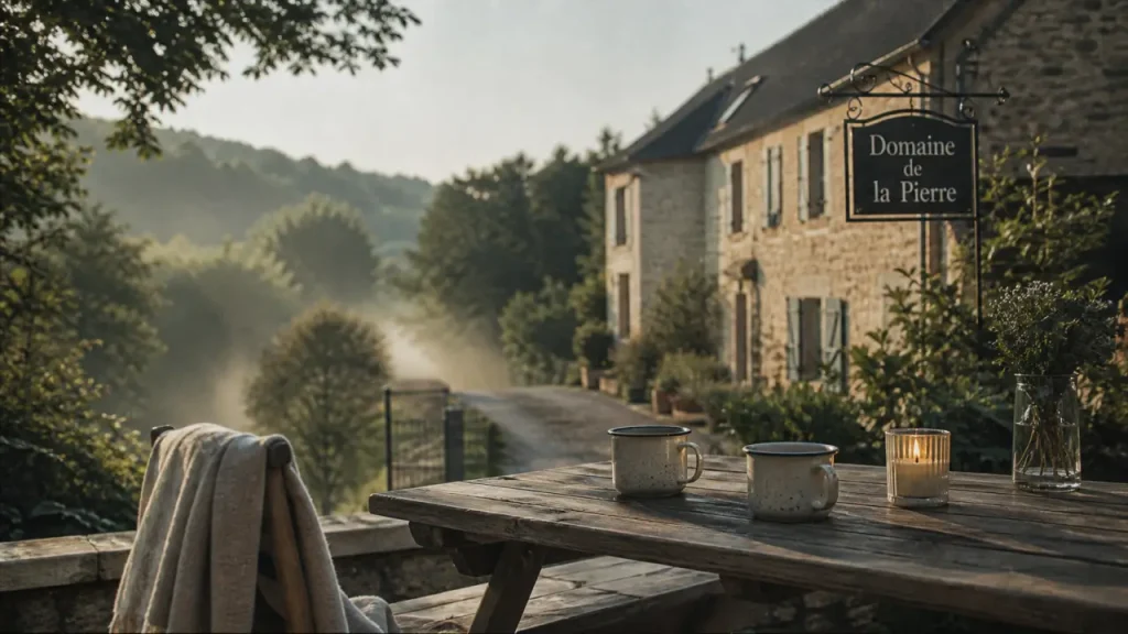 Le Domaine de la Pierre au Morvan, terrasse en bois et bâtiment en pierres