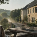 Le Domaine de la Pierre au Morvan, terrasse en bois et bâtiment en pierres