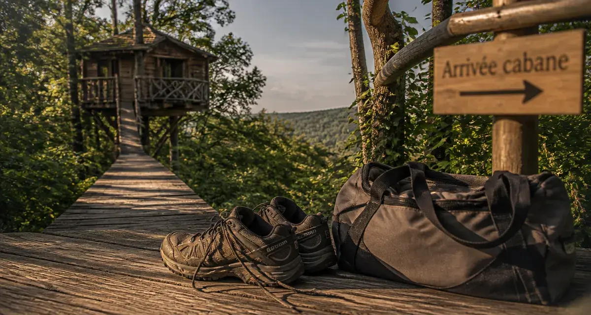Les cabanes de Jeanne : chaussures de randonnée à l’arrivée de la cabane au Morvan