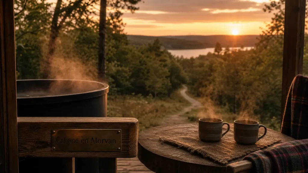 Location cabane Bourgogne : terrasse en bois de la cabane au Morvan, bain nordique et forêt.