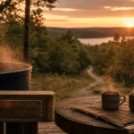 Location cabane Bourgogne : terrasse en bois de la cabane au Morvan, bain nordique et forêt.