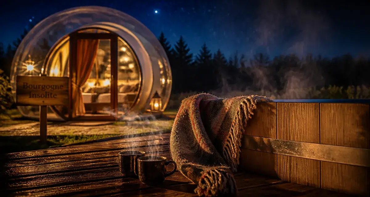Logement insolite bourgogne : bulle transparente avec bain nordique