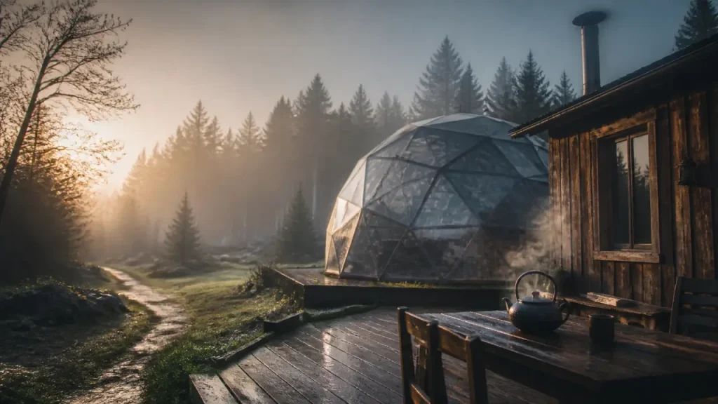 Logement insolite Morvan : cabane en bois et dôme vitré dans une clairière.