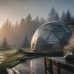 Logement insolite Morvan : cabane en bois et dôme vitré dans une clairière.
