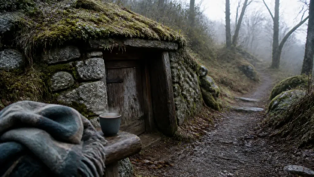 Maison hobbit morvan : porte basse en bois sous la colline