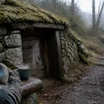 Maison hobbit morvan : porte basse en bois sous la colline