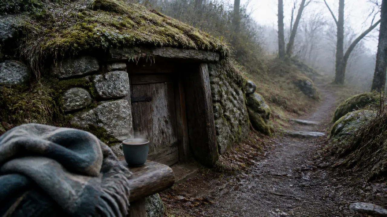 Maison hobbit morvan : porte basse en bois sous la colline
