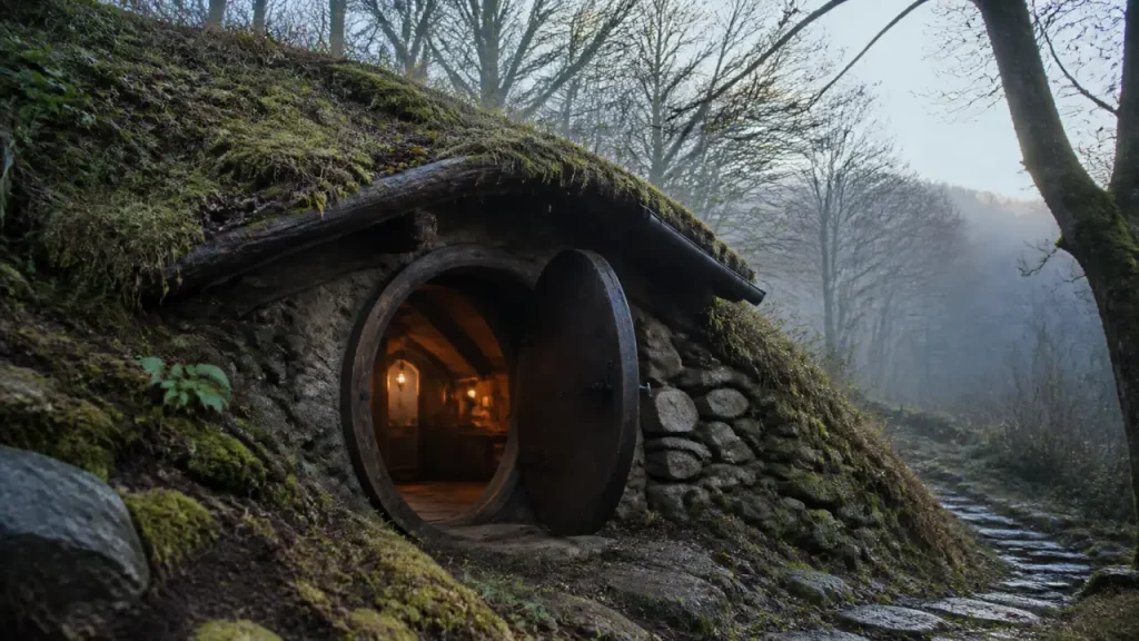 Maison hobbit Morvan semi-enterrée, mousse et humidité sur la toiture végétalisée