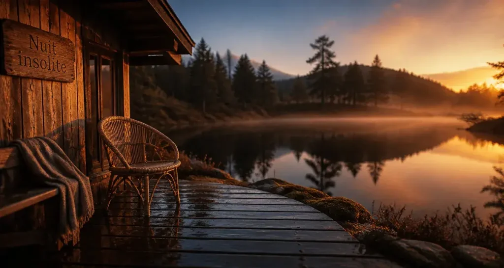 Nuit insolite Bourgogne : cabane bois au bord de l’étang, au coucher du soleil