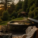 Nuit insolite avec jacuzzi privatif bourgogne, Morvan, terrasse bois et peignoir, eau frémissante.
