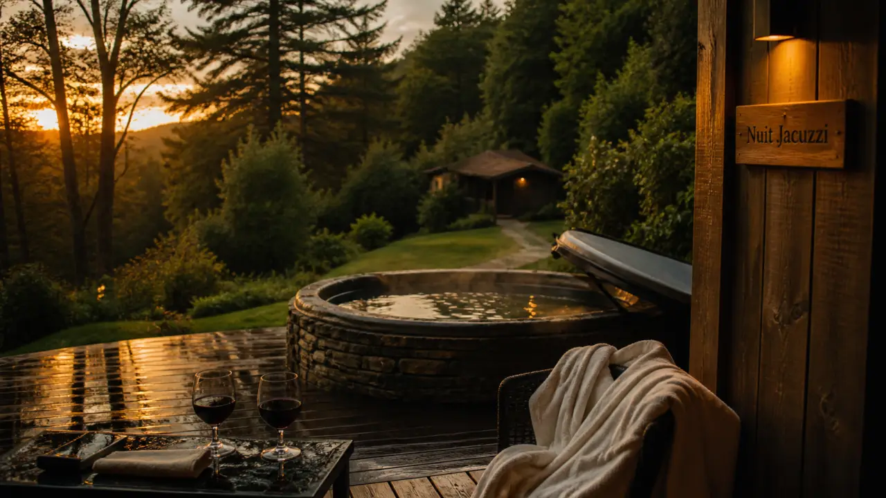 Nuit insolite avec jacuzzi privatif bourgogne, Morvan, terrasse bois et peignoir, eau frémissante.