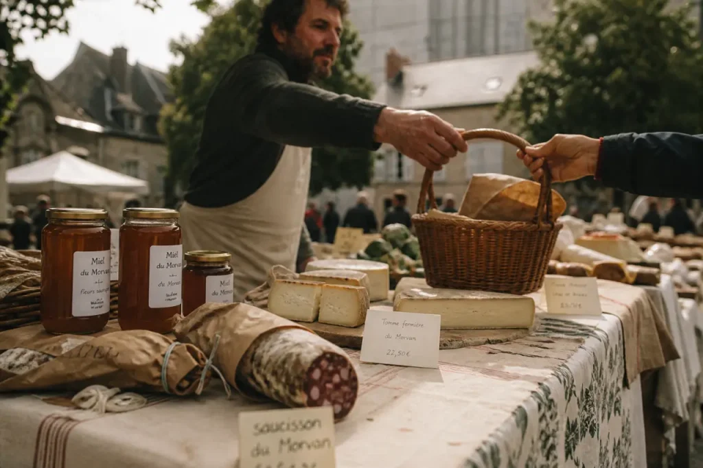 Producteurs locaux morvan : table de marché fermier, fromages et miel